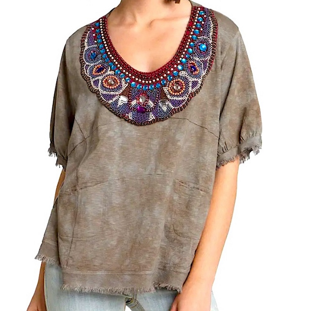 FREE PEOPLE: Oversized Embellished Necklace Fringe Tunic - Size XS (runs large)